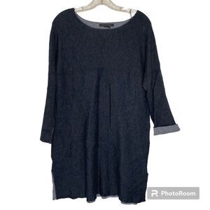 Tahari Gray Soft Color Block 3/4 Sleeves Pockets Slits Tunic Sweater Dre…